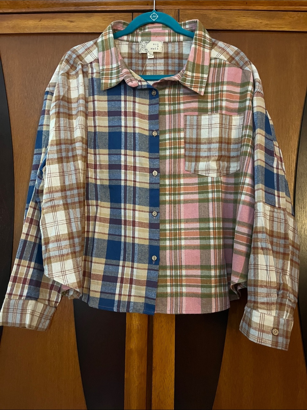 NWOT Oli & Hali Multi-Plaid Button-Down Shirt in Pink, Blue & Brown - Oversized